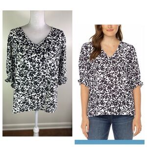 Well Worn Women Sz XL Recycled polyester floral puff sleeve Blouse black/white